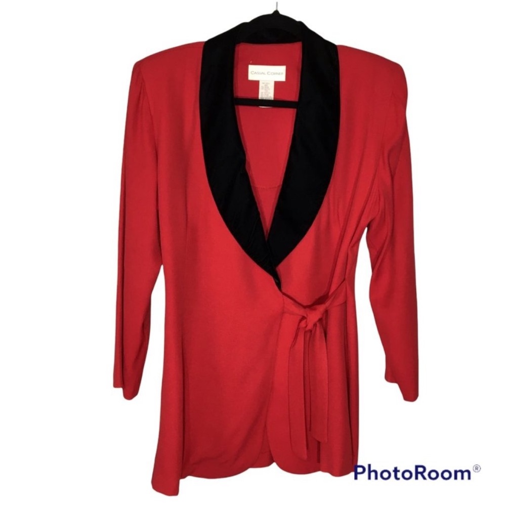 Vintage 80s 90s Red Wrap Top with Velvet Lapel, Christmas